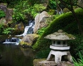 Zen Pond Photography - 8x10 Japanese Art Garden Waterfall Meditation Calming Relaxing Peaceful Green Black Asian Modern Simple Water Serene