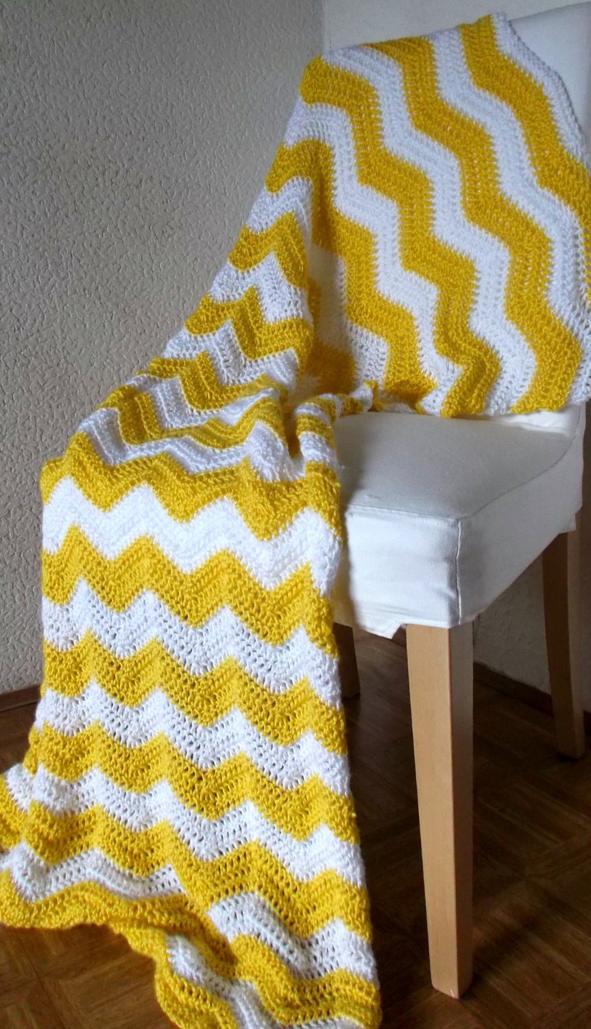 Crochet Blanket Afghan Modern Throw- Chevron Bright Neon Yellow and White Striped Ripple - Complimentary Shipping - AllieBlankets