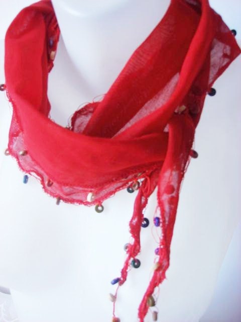 Red Cotton Scarf  With Wooden Bead- Under 15 - Headband - Bandana