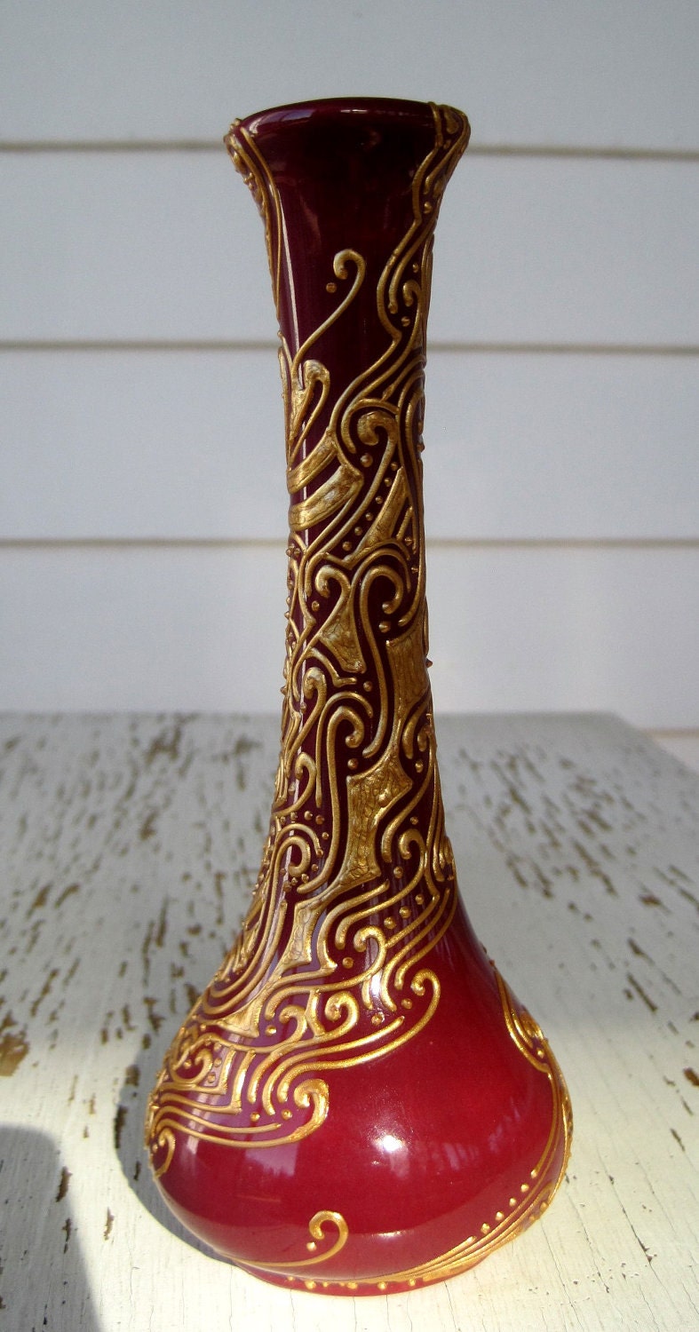 Decorative Bud Vase -- Red Wine Glazed Vase with Intricate Gold Design