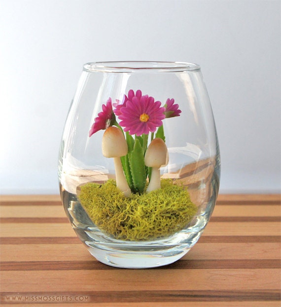 SALE - Tiny Purple Daisy Woodland Terrarium in Repurposed Vase