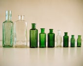 9 Vintage Bottles. Instant Collection (set A) Greens, Aqua and Clear Glass. Great for decorative ornaments or photo props. - vintageandloved