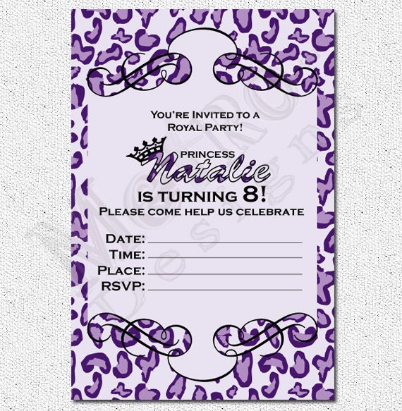 Pink/Purple Leopard Princess Invitation - 25qty  PRINTED - by Metro Events/Metro-Designs