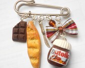 Nutella "hazelnut cream" and baguette bag charm pin brooch - handmade miniature polymer clay food jewelry