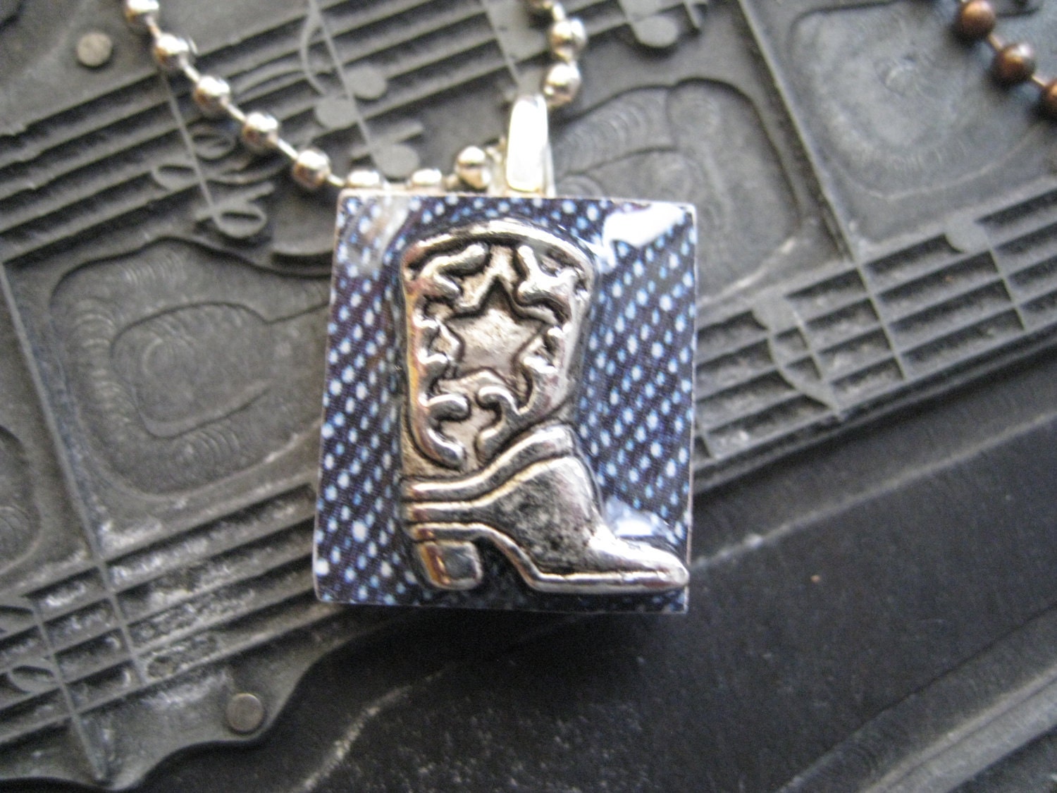 Silver Cowboy Boot scrabble tile necklace