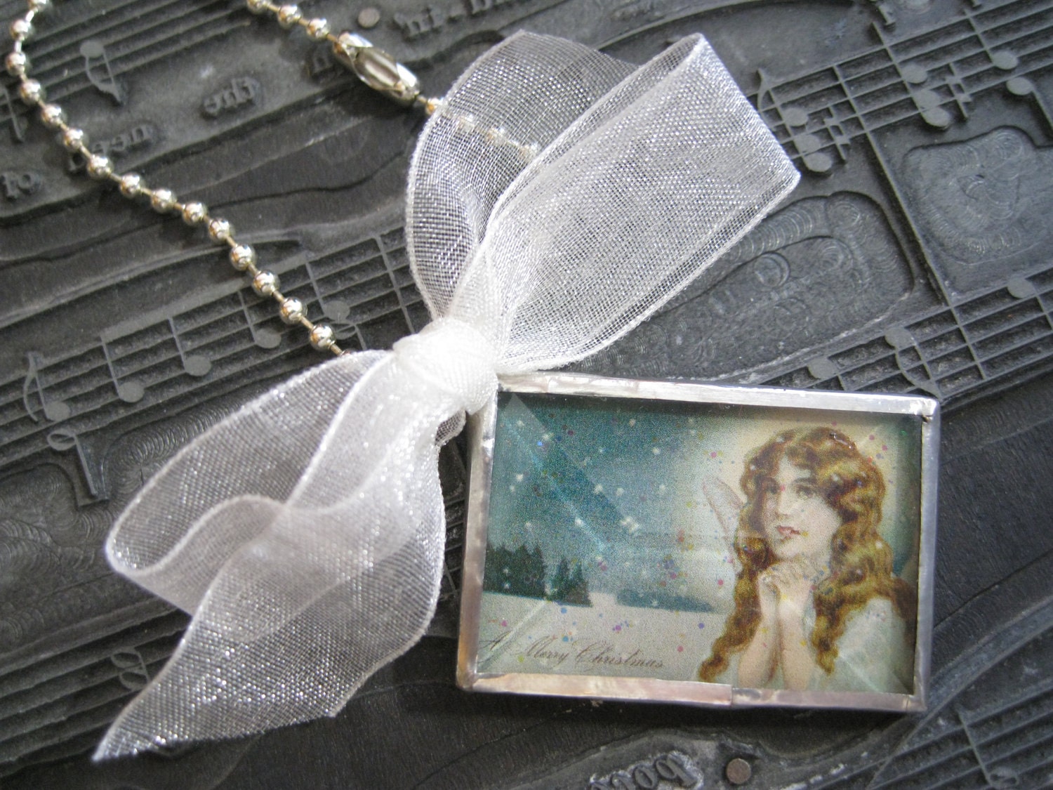 Silver Solder & Beveled Glass Vintage Angel Pendant
