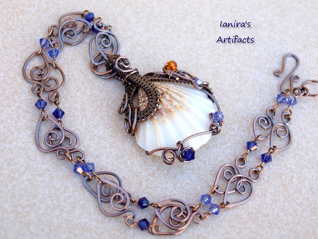 Steampunk Wire wrapped seashell pendant with Swarovski beads