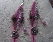 Dangle Earrings w Feathers, /Swarovski crystals and pentacle charm