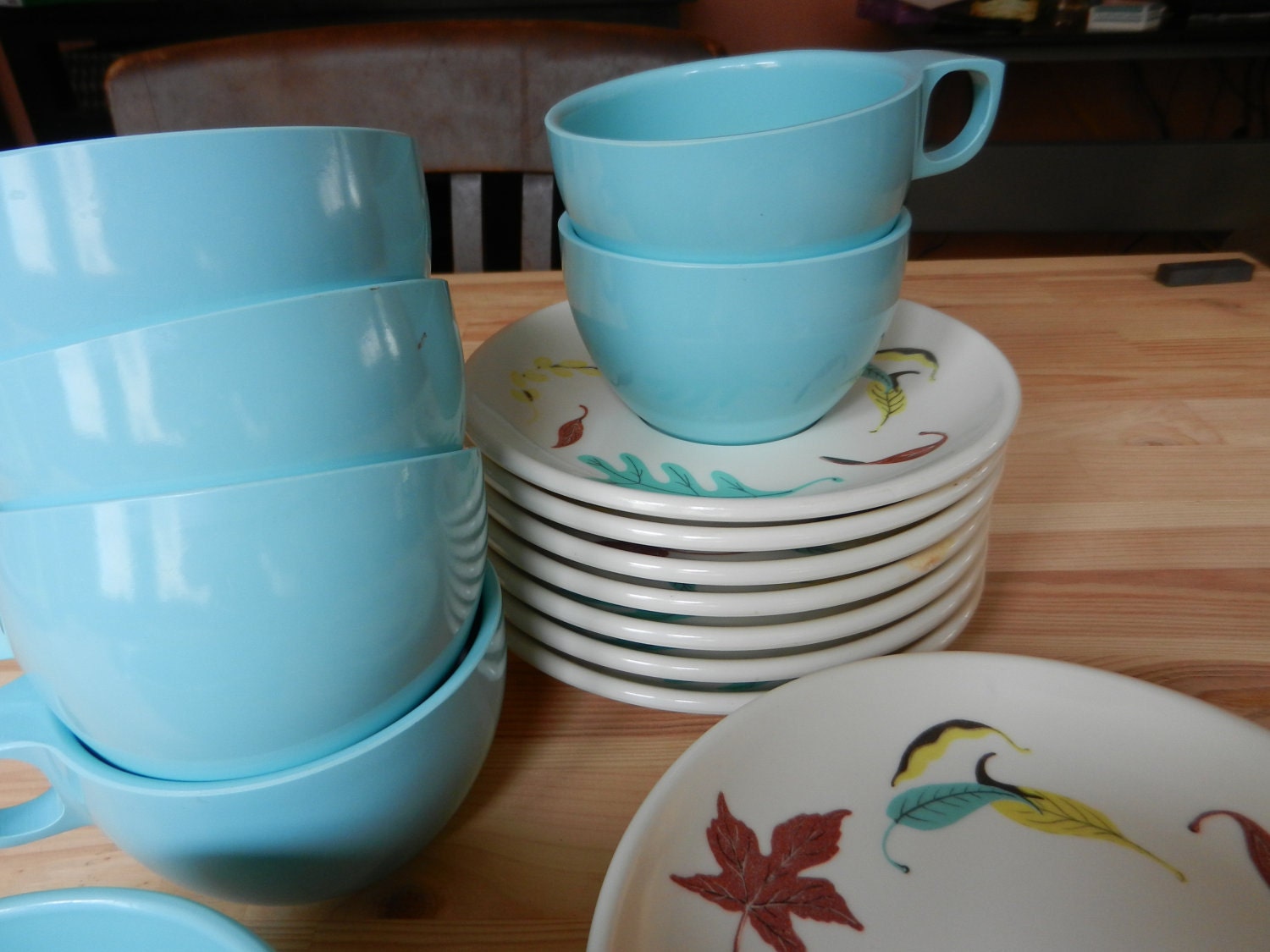 Watertown Lifetime Melmac Aqua Leaf Pattern Dishes - (6 cups & saucers and more)