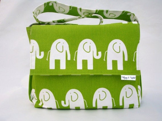 Diaper Bag - Boy or Girl - "Elephant Parade" in chartreuse green - Large Messenger Bag with Inner and Outer Pockets