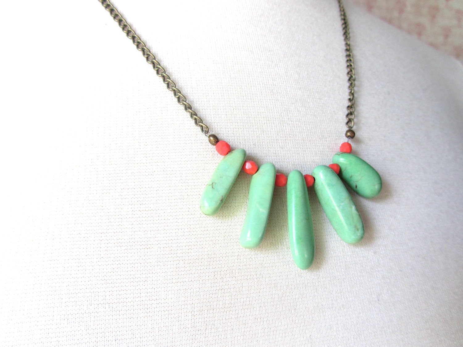 Mint & Coral Statement Necklace, Stone, Modern, Gift For Her