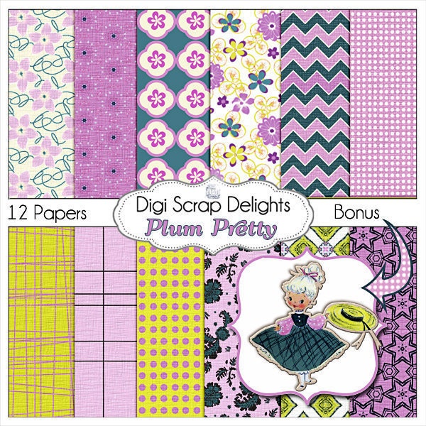 Plum Pretty Scrapbook Paper w Vintage Girl Clip Art in Purple, Teal and Gold for Digital Scrapbooking, Instant Download