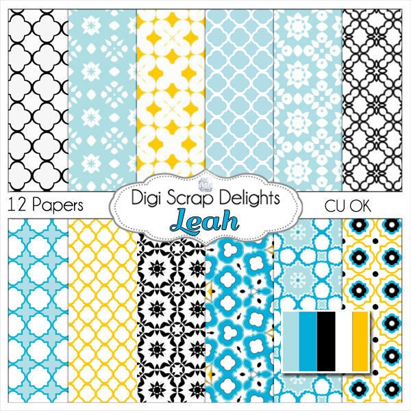 Digital Scrapbooking: Leah DIgital Scrapbook Paper (Blue & Yellow Gold Quatrefoil Patterns),  Instant Download