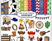 Cowboy Clip Art, Cowboy Digital Papers, Scrapbooking Kits with Cowgirl and Digital Western Clipart, Instant Download
