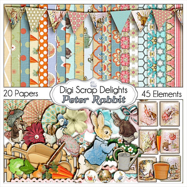 Peter Rabbit Digital Scrapbook Kit, Instant Download, Beatrice Potter Clip Art