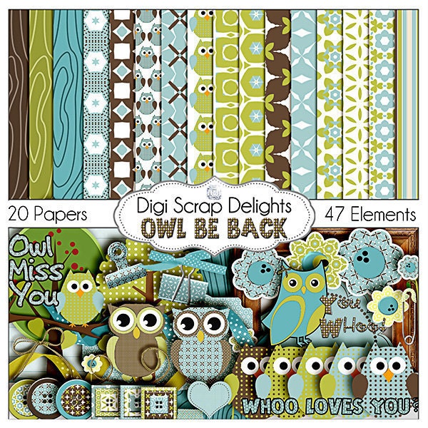 Owl Digital Scrapbooking Kit - Blue, Green, Brown Owl Clip Art & Owls Digital Papers in Woodland for Birthday  Invites, Instant Download