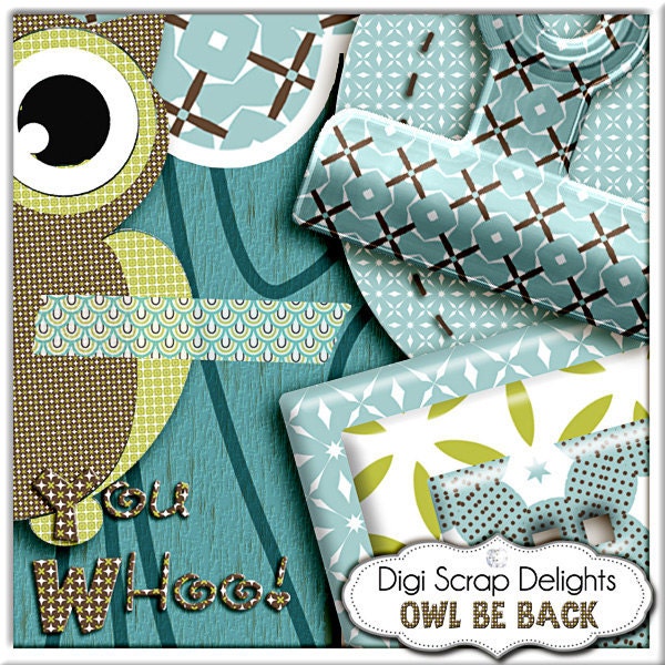 Owl Digital Scrapbooking Kit - Blue, Green, Brown Owl Clip Art & Owls Digital Papers in Woodland for Birthday  Invites, Instant Download