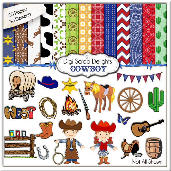 Cowboy Clip Art, Cowboy Digital Papers, Scrapbooking Kits with Cowgirl and Digital Western Clipart, Instant Download