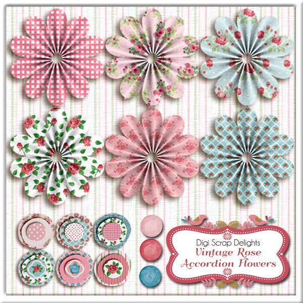 Vintage Rose Accordion Flowers with Stacked Fabric Circles Digital Scrapbook Embellishments, Instant Download