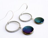 Peacock earrings - shell earrings - peacock blue earrings - blue hoop earrings - wire wrapped earrings - blue dangle earrings