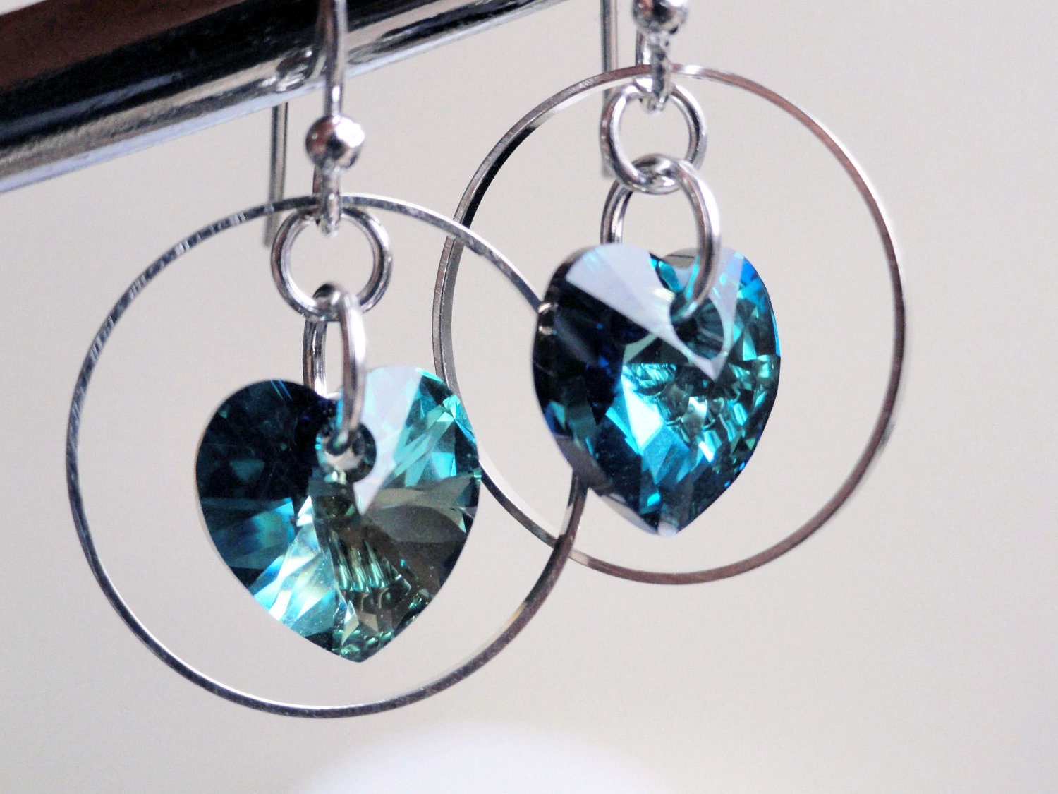 Swarovski earrings - heart earrings - crystal hearts - bermuda blue - orbit earrings - swarovski crystal - blue heart earrings