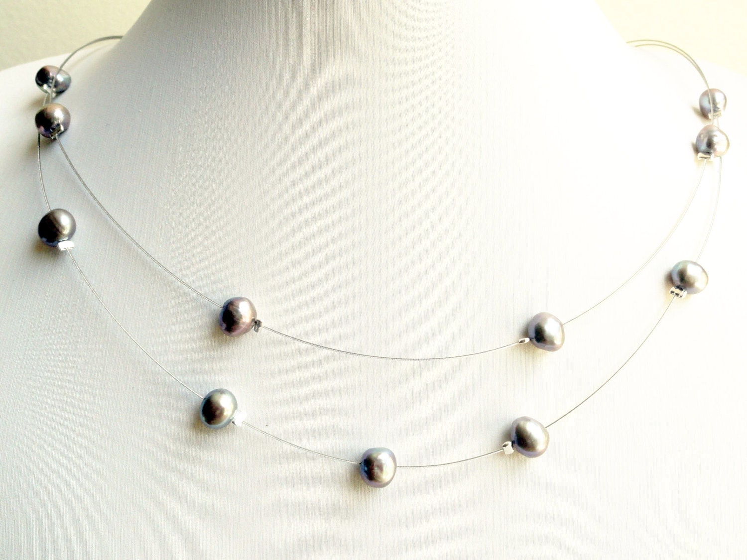 Pearl necklace - illusion necklace - freshwater pearl - floating necklace - gray pearl necklace - strand necklace