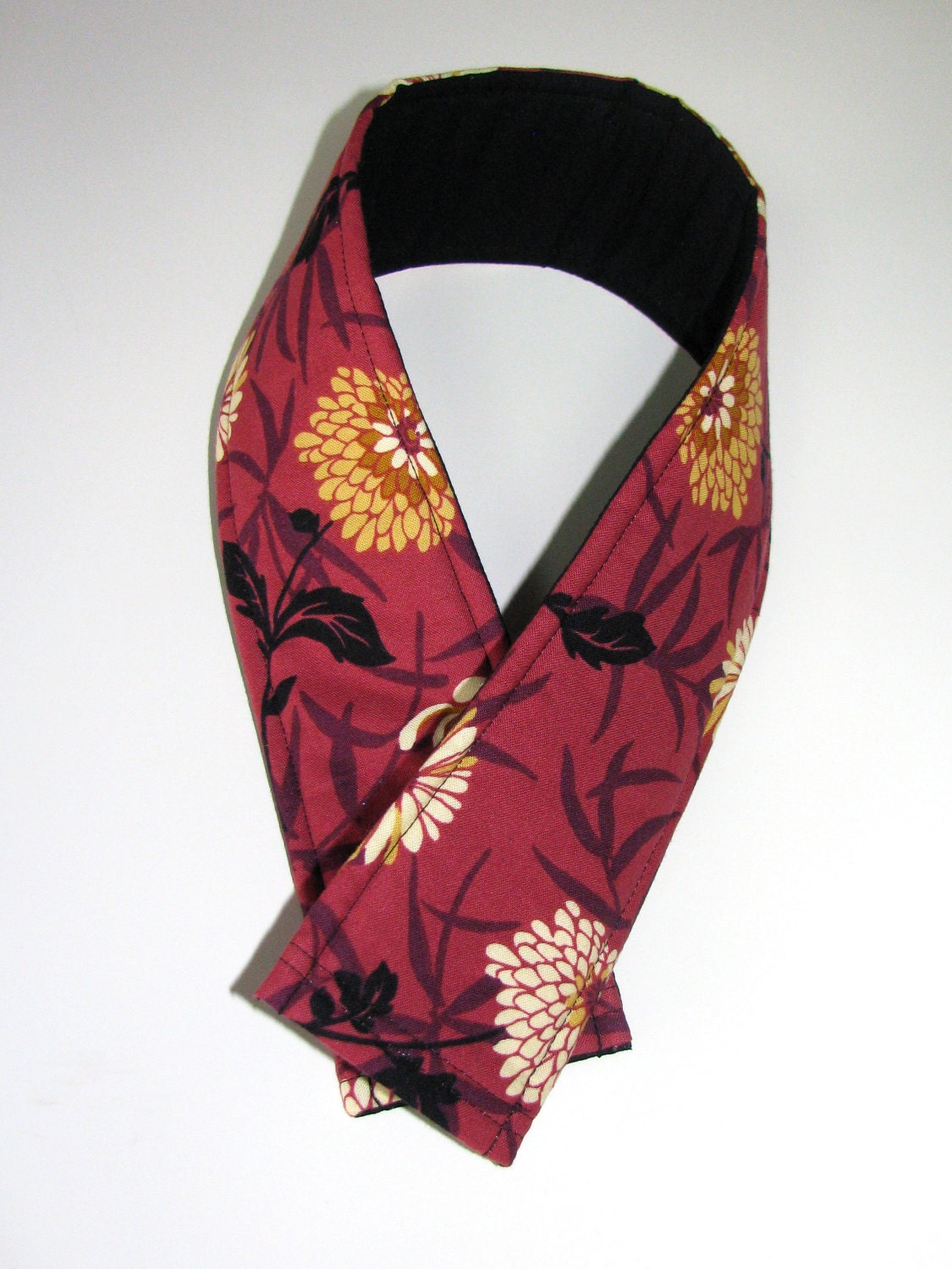 Padded DSLR Camera Strap Cover- Reversible- Dark Rose with Gold Chrysanthemum Flowers/Black- Ready to Ship