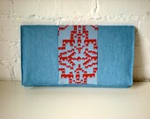Sky blue Denim Clutch with sky and red screenprint