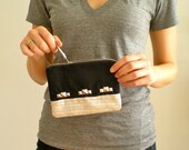 Black twill purse with Silver metallic panel and studs, top zip