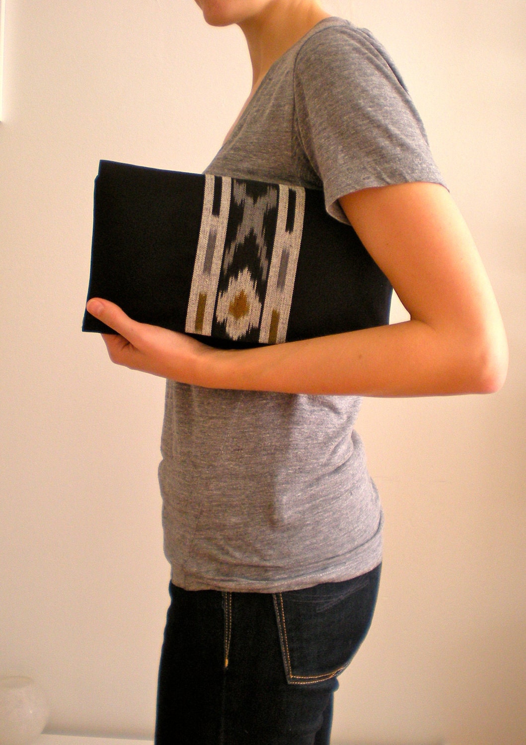 Black Twill Clutch with Ikat panel
