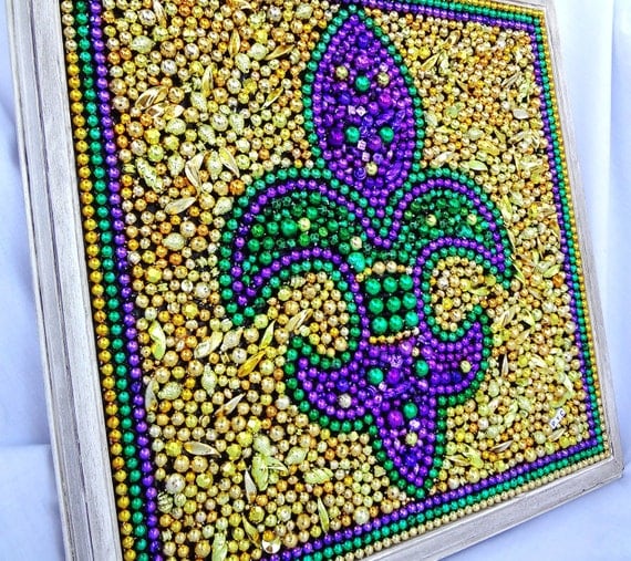 Framed Mardi Gras bead mosaic Fleur De Lis purple, green, gold, shabby chic frame