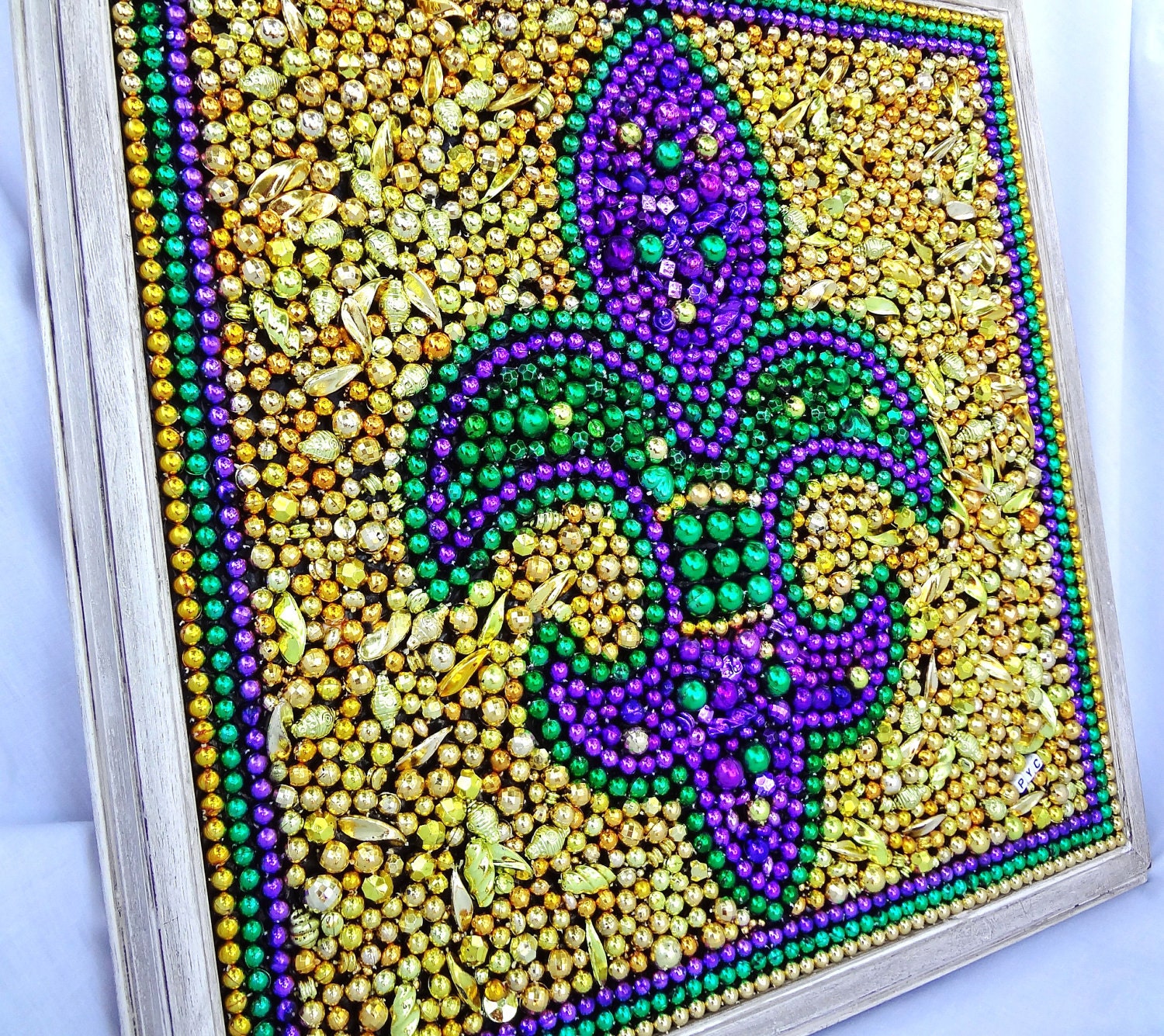 Framed Mardi Gras bead mosaic Fleur De Lis purple, green, gold, shabby chic frame