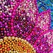 Original wall art Spring flower, pink and yellow, blue, whimsical Mardi Gras bead mosaic, collage