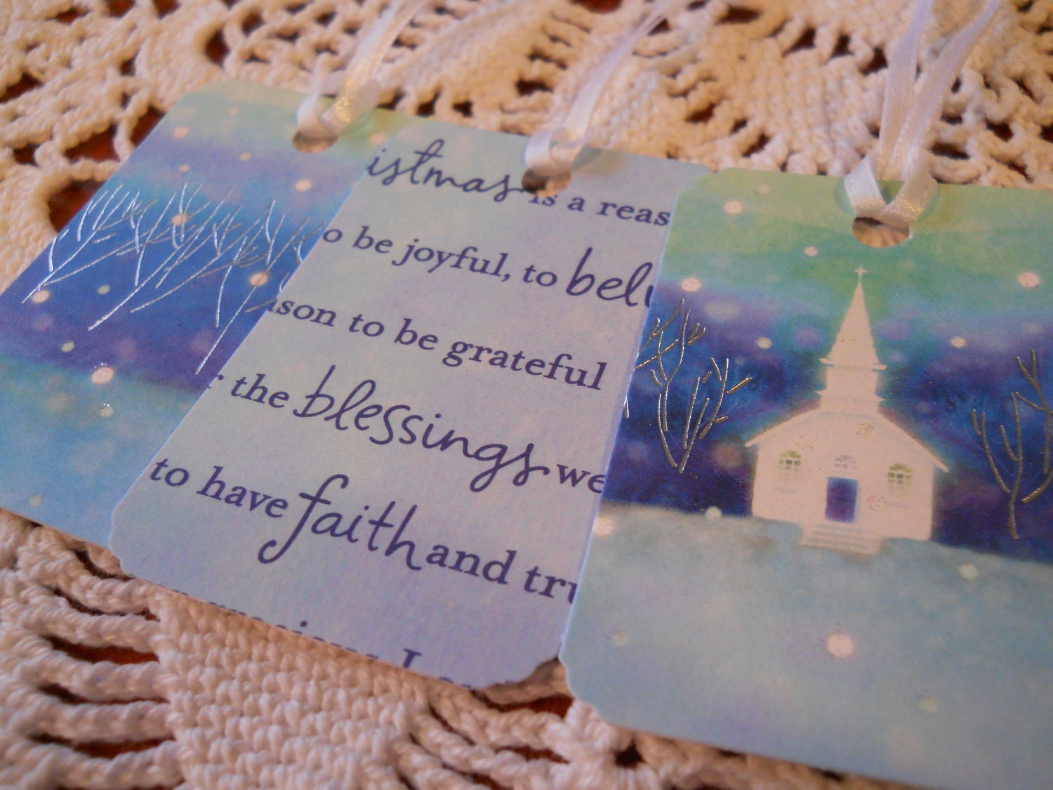 Christmas Gift Tags Upcycled Party Favor Tag Blue Winter Church Set of 12