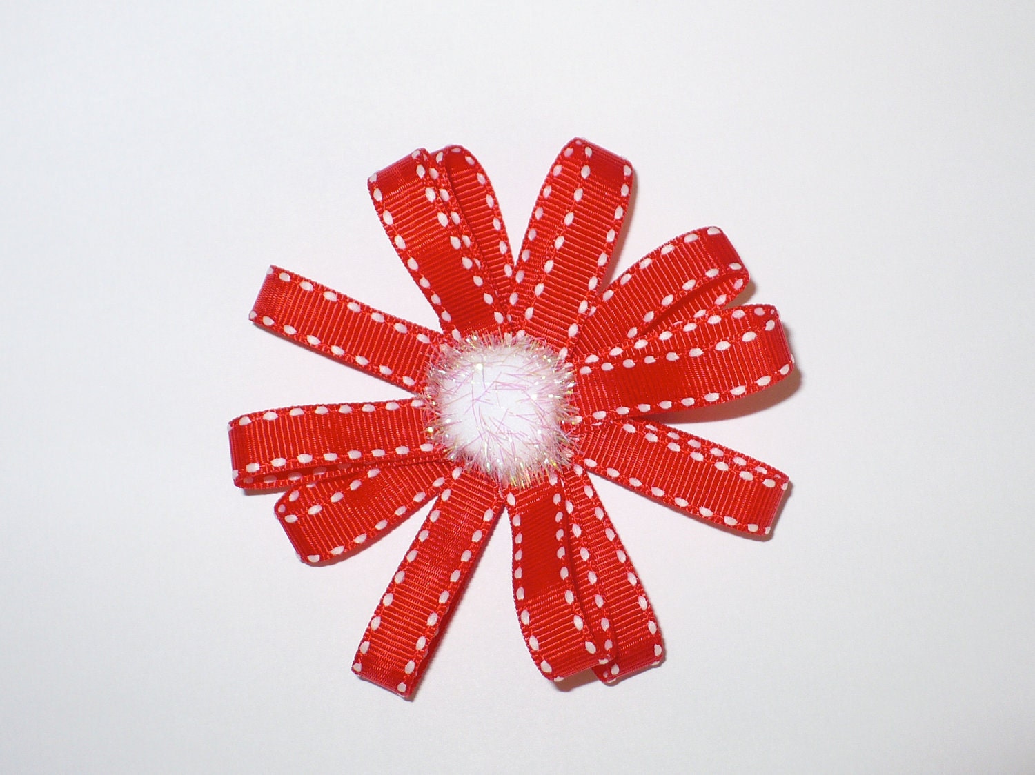 Red and White Ribbon Hair Bow with White Pom Pom