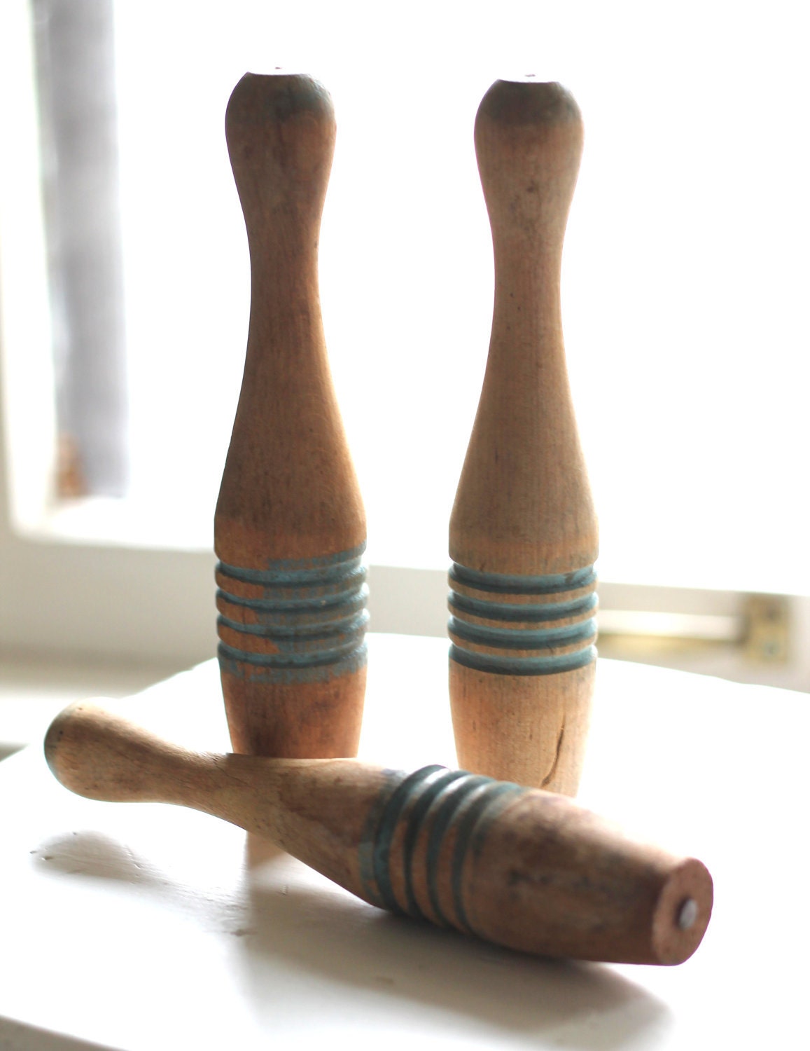 Blue Stripe Wooden Bowling Pins