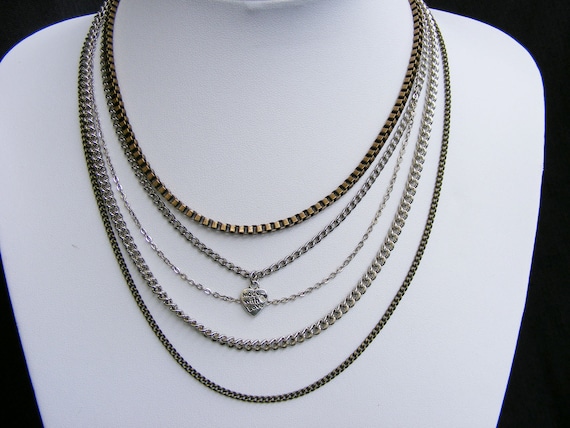 Multi Chain Necklace Bronze and Silver tone with small heart charm