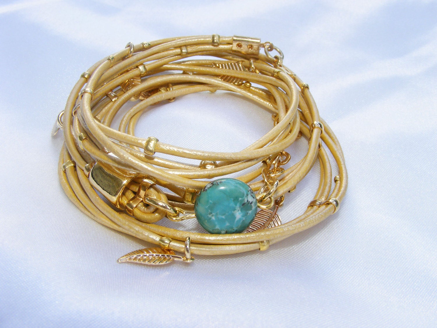 Women Leather Bracelet Brown wrap Multi-Strands with Gold plated Leaf Charms & turquoise stone