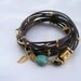 Women Leather Bracelet Brown wrap Multi-Strands with Gold plated Leaf Charms & turquoise stone