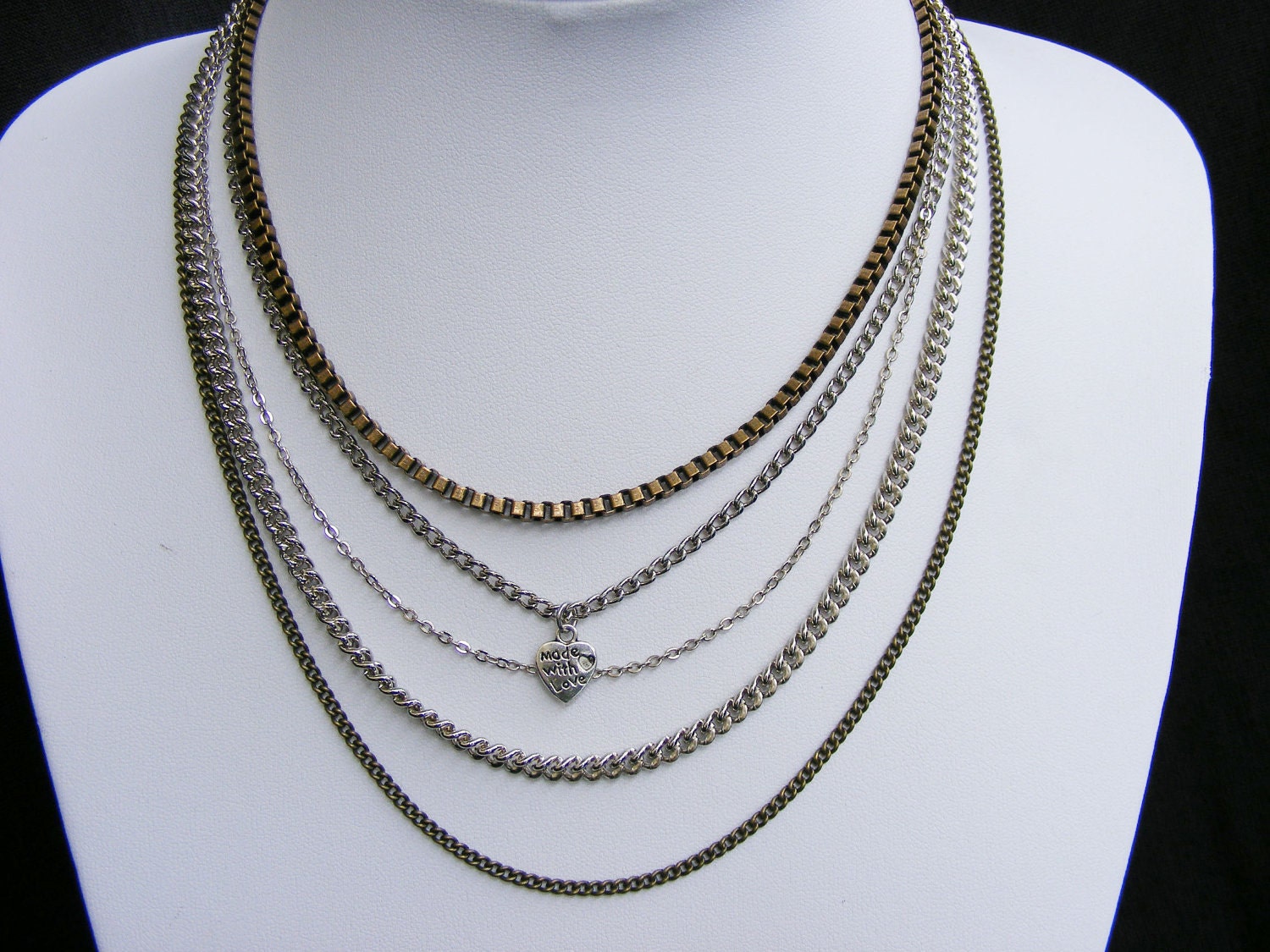 Multi Chain Necklace Bronze and Silver tone with small heart charm