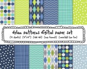 digital paper boys, navy blue lime green, digital photography backgrounds, argyle dots chevrons, birthday baby shower, instant download 376
