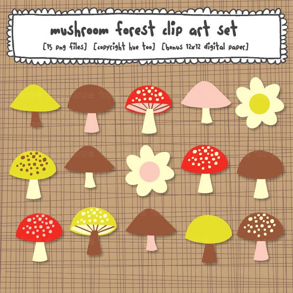 Title: mushroom forest clip art. Item Number: 006. File Contents: – 13
