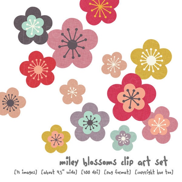 Title: miley blossoms clip art. Item Number: 017. File Contents: – 13 flower