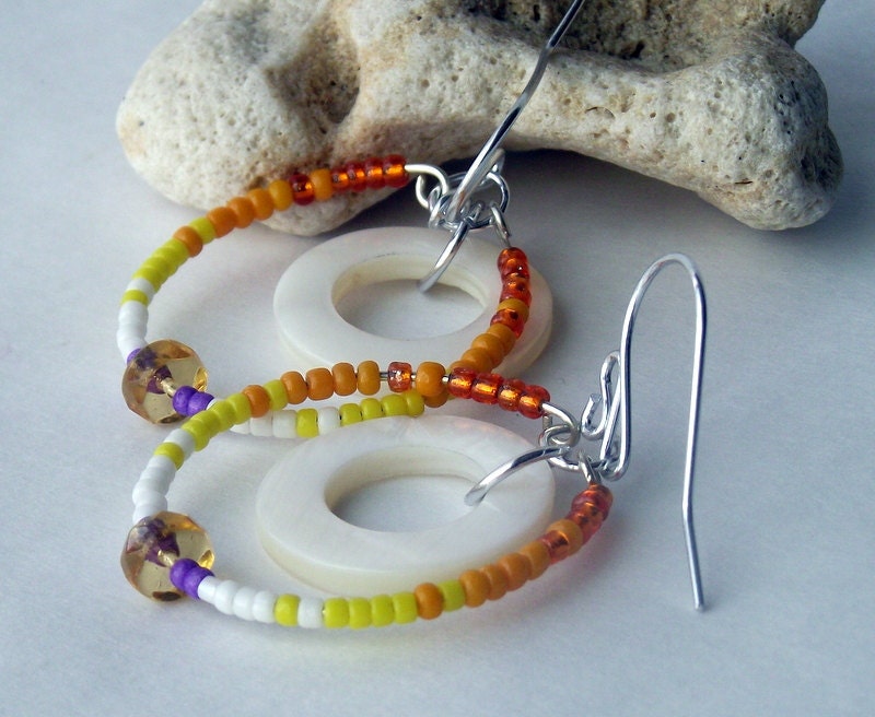 sunset beaded earrings orange yellow purple seed beads czech glass sensitive ears