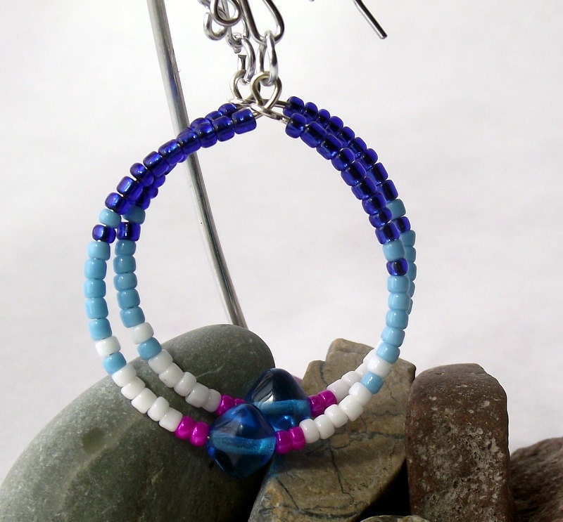 beaded blue jean earrings glass summer pink birthday mothers day handmade sensitive ears