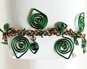 Brown and Green Charm Bracelet Celtic Spirals Green Leaf Charms 7.5" Copper Bracelet