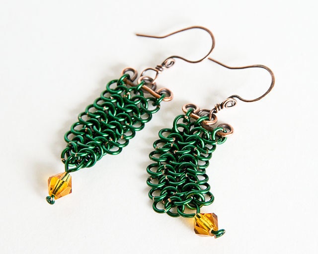Green Chainmaille Earrings Topaz Crystals European 4 in 1 Chain Mail Green & Antiqued Copper Earrings