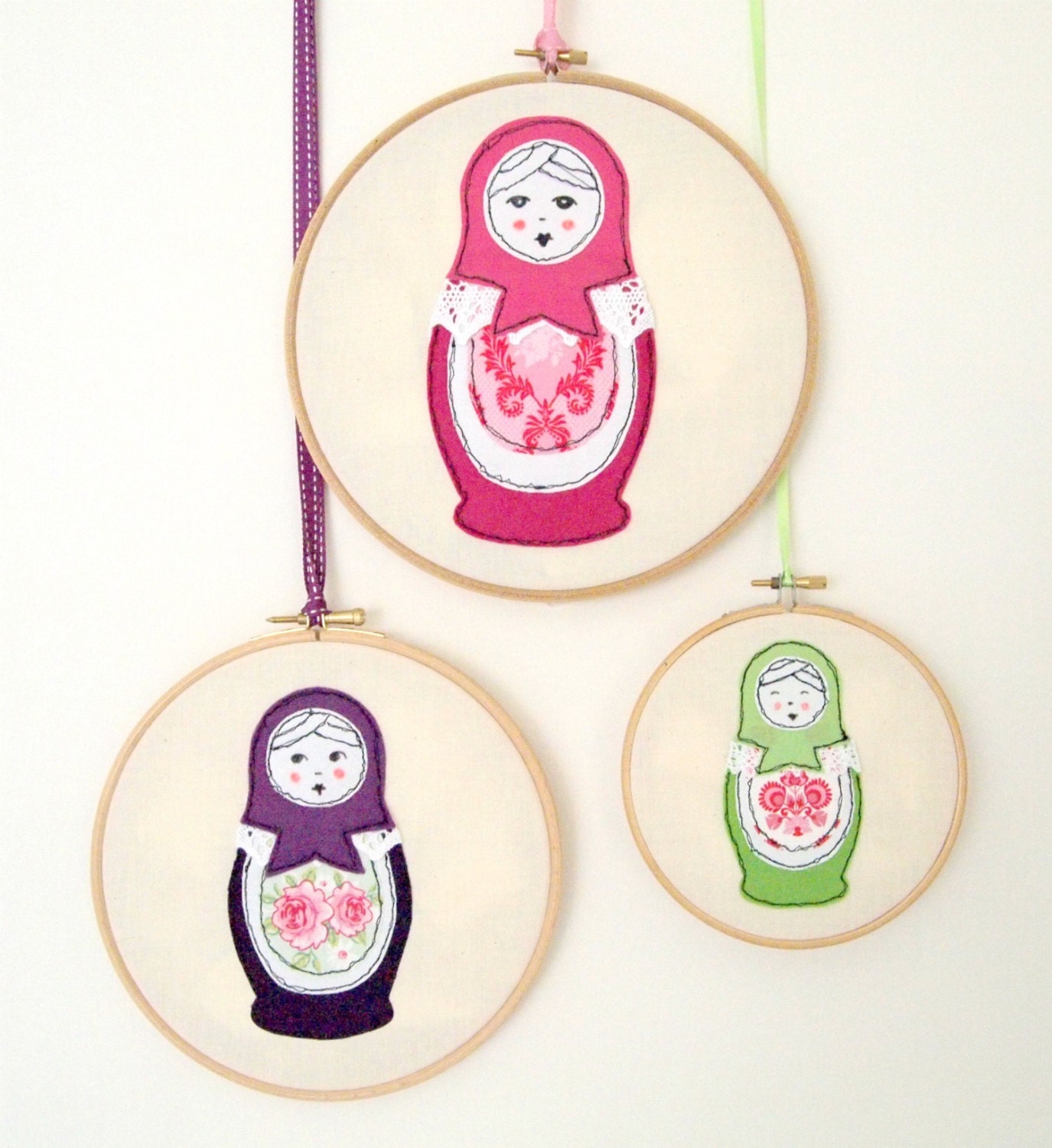Russian doll embroidery hoop art trio
