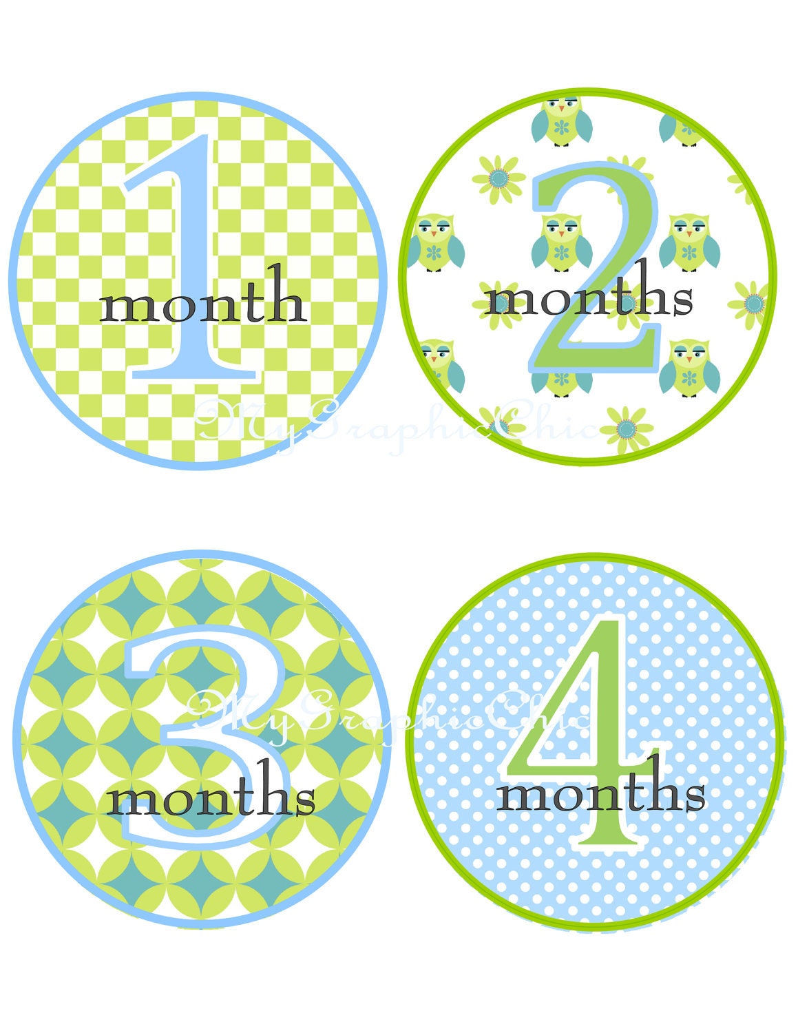 SALE... Monthly  Baby Onesie Stickers DIY Printable Blue Green OWLS Posh So sweet...  Best Mommy  Baby Gift