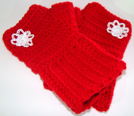 Fingerless Mittens in Berry Red Crochet with White Flower Embellishment